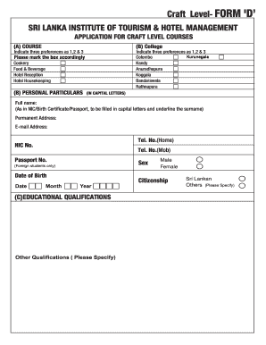 Slithm Hotel School Application  Form