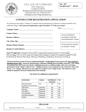 CONTRACTOR REGISTRATION APPLICATION Lombard IL  Form