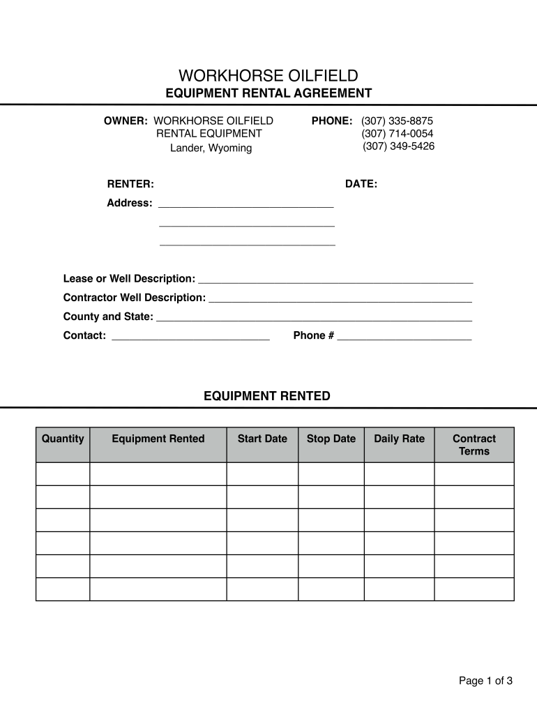 WorkHorse Rental Agreement  Workhorse Oilfield Rental S  Form