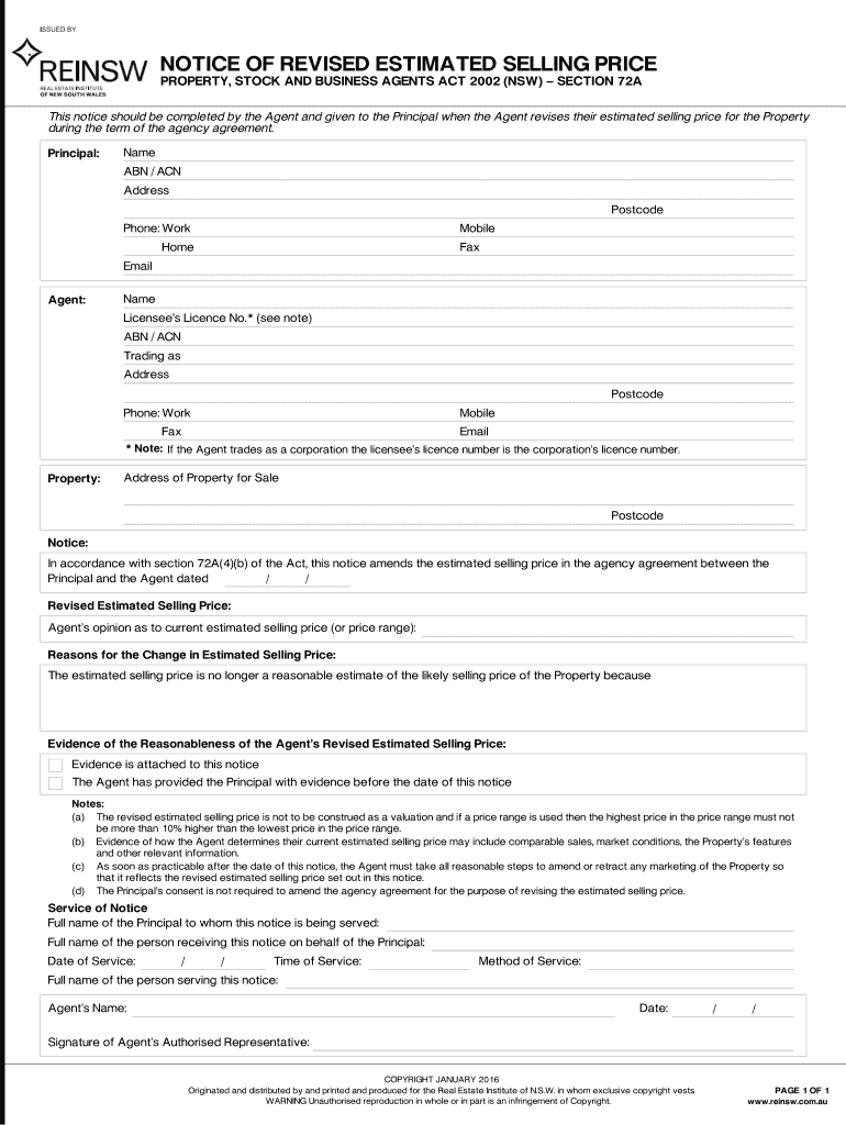 Notice of Revised Estimated Selling Price  Form