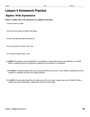 Lesson 4 Algebra Write Expressions Page 467 Answers  Form