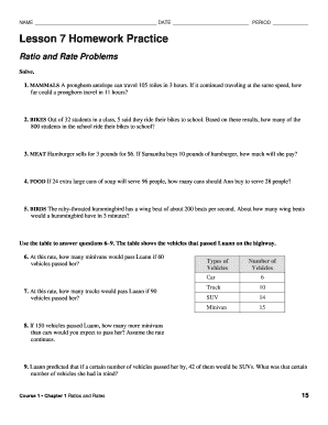 Lesson 7 Homework Practice Ratio and Rate Problems Answer Key  Form