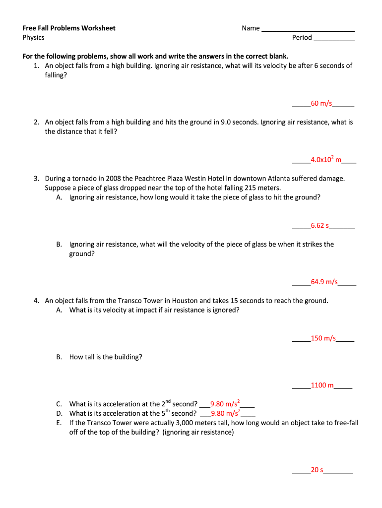 Fall Problems Worksheet with Answers PDF  Form