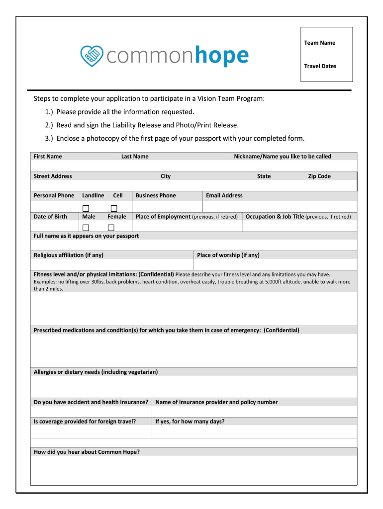 Vision Team Application Common Hope Commonhope  Form