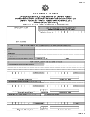 SAPS 520 SOUTH AFRICAN POLICE SERVICE APPLICATION for MULTIPLE IMPORT or EXPORT PERMIT PERMANENT IMPORT or EXPORT PERMITTEMPORAR  Form