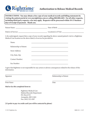 Authorization to Release Medical Records Righttime Medical Care  Form