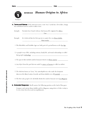 CHAPTER SECTION QUIZ Human Origins in Africa PBworks  Form