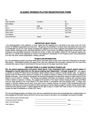 Classic Division Player Registration Form PA West Soccer Association