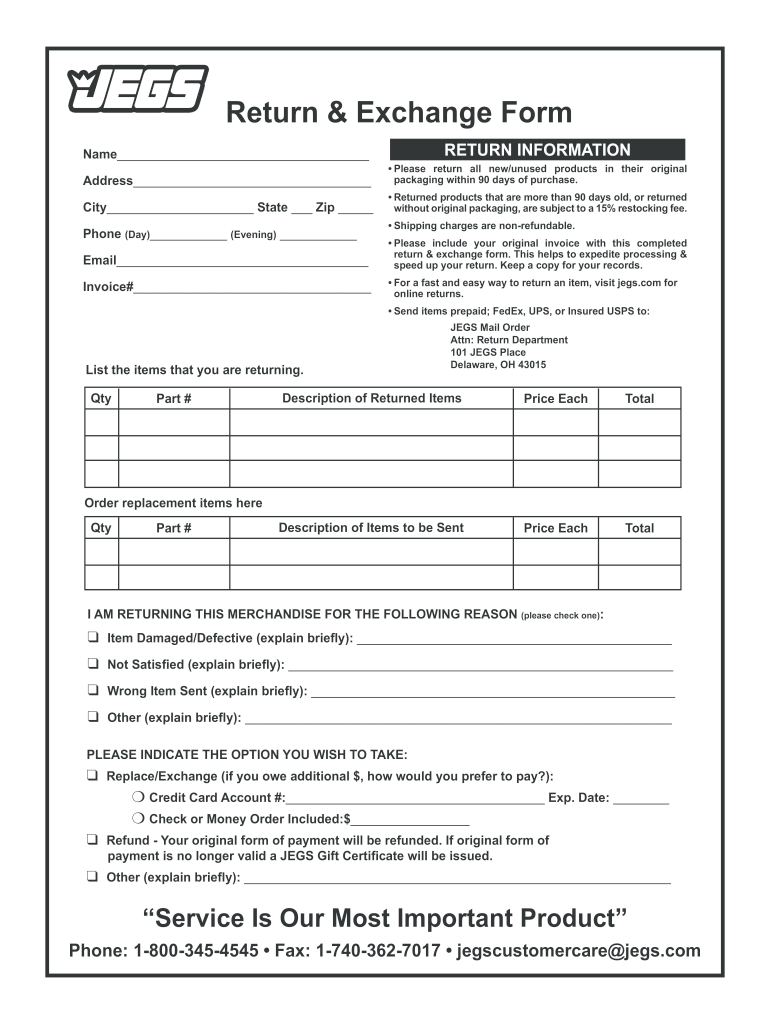 Jegs Return Policy  Form