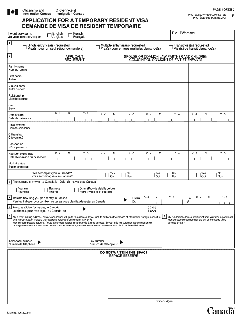  Canada Visa Application Form 2002