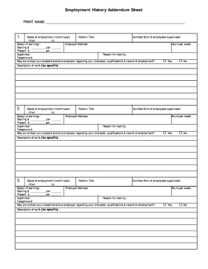 Employment History Addendum Sheet HRSD  Form