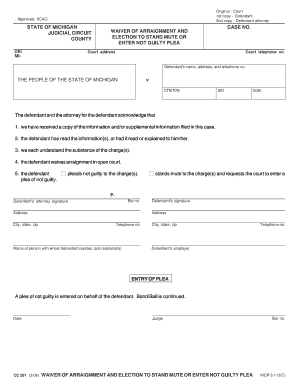 Waiver of Arraignment and Election to Stand Mute Michigan Courts  Form