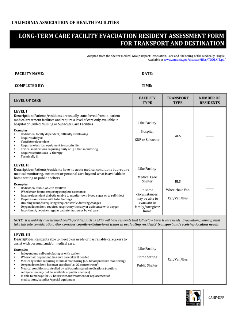 Long Term Care Facility Evacuation Resident Assessment Form for