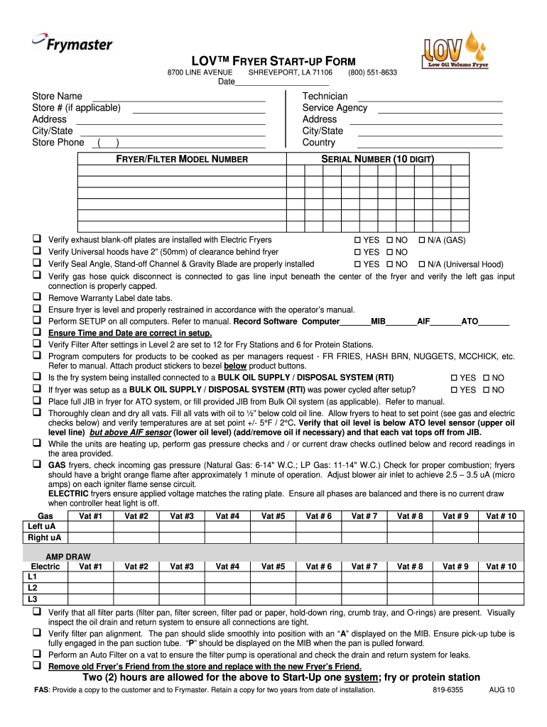  LOV FRYER START UP FORM  Frymaster 2010-2024