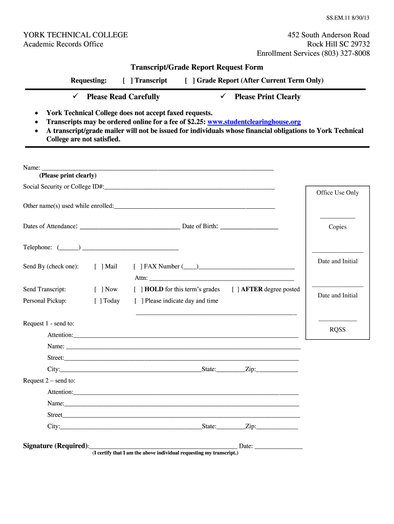 Get and Sign York Tech Transcript Request 2013-2022 Form