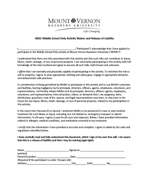 MSO Middle School Only Activity Waiver and Release of Liability  Form