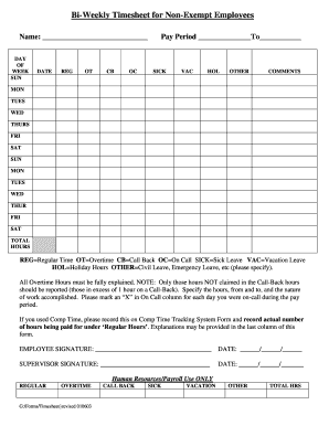 Bi Weekly Timesheet for Non Exempt Employees  Form