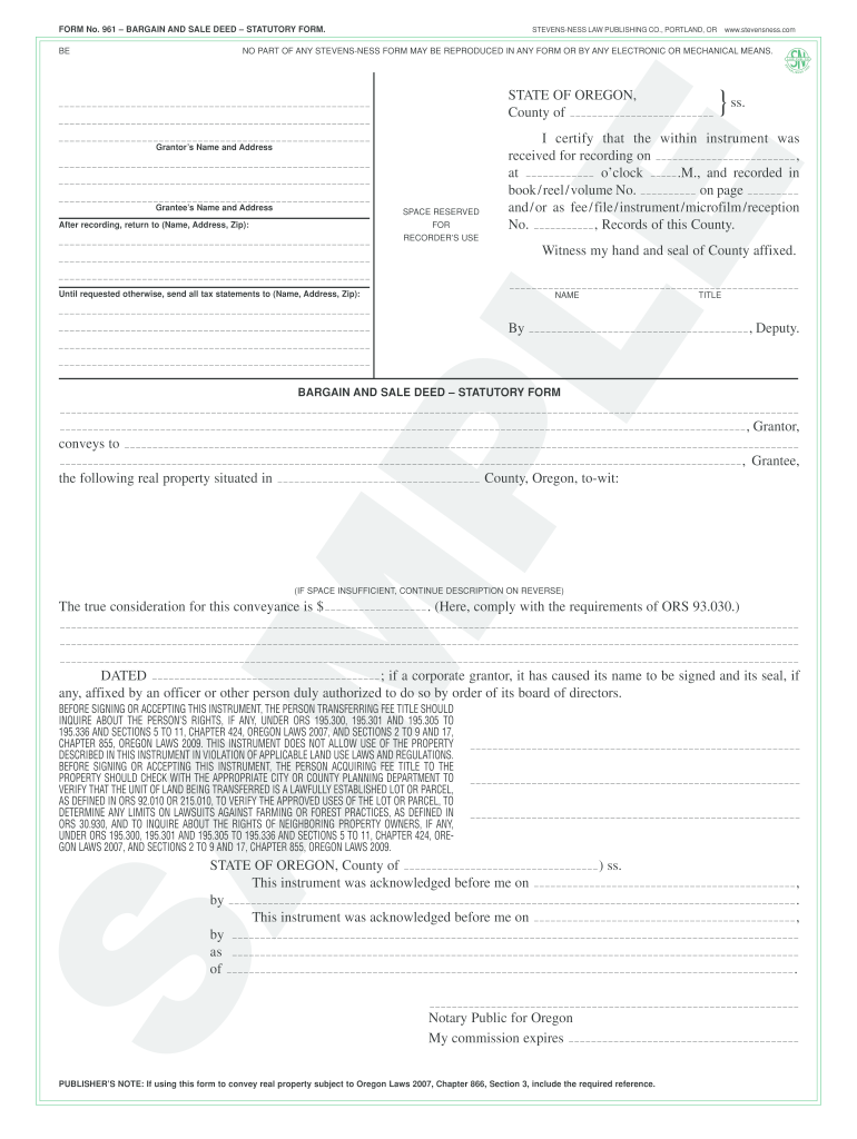 Bargain and Sale Deed Oregon  Form