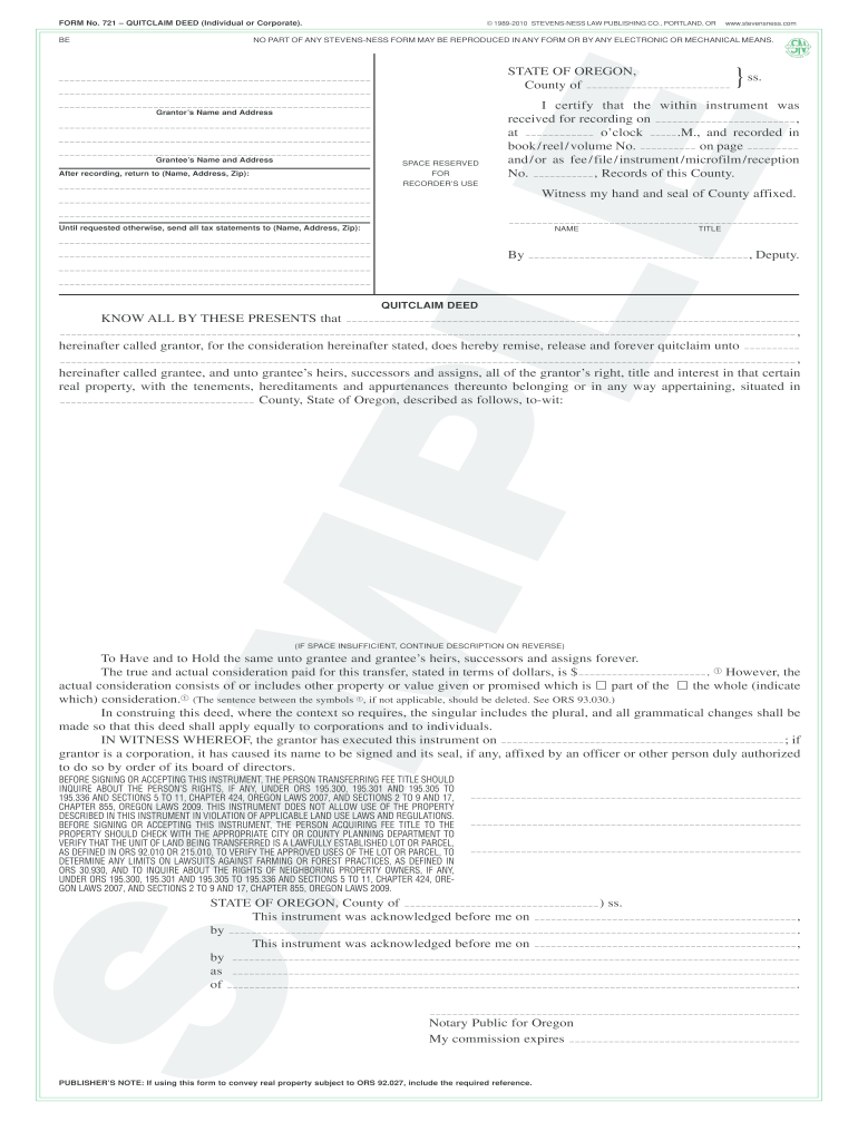 721 QUITCLAIM DEED Individual or Corporate  Form