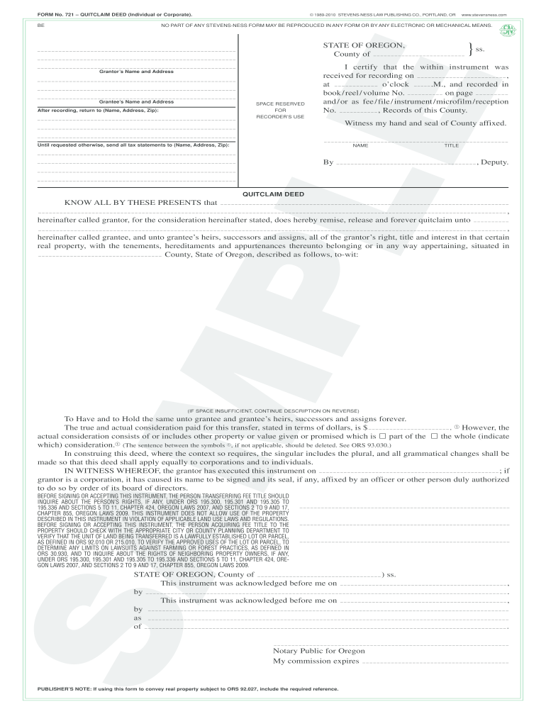 721 QUITCLAIM DEED Individual or Corporate Form