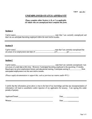 Affidavit of Unemployment  Form