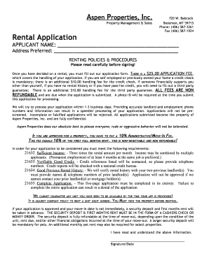 Rental Application Aspen Properties  Form