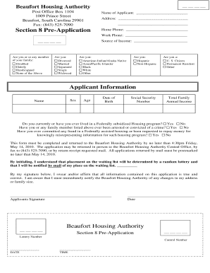 Section 8 Pre Application Beaufort Housing Authority  Form