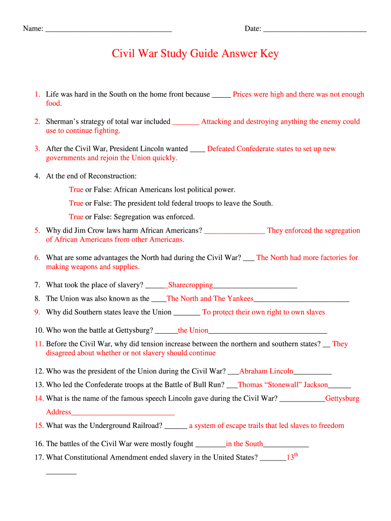 Civil War and Reconstruction Worksheet Answer Key  Form