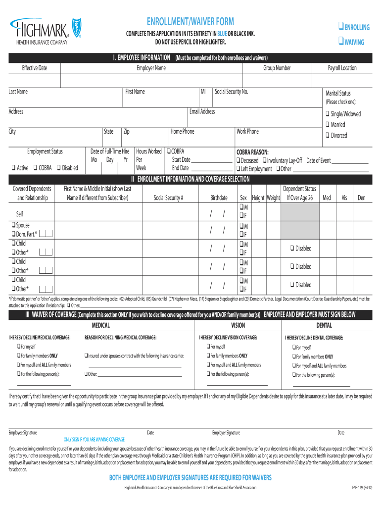  Highmark Enrollment Form 2012-2024