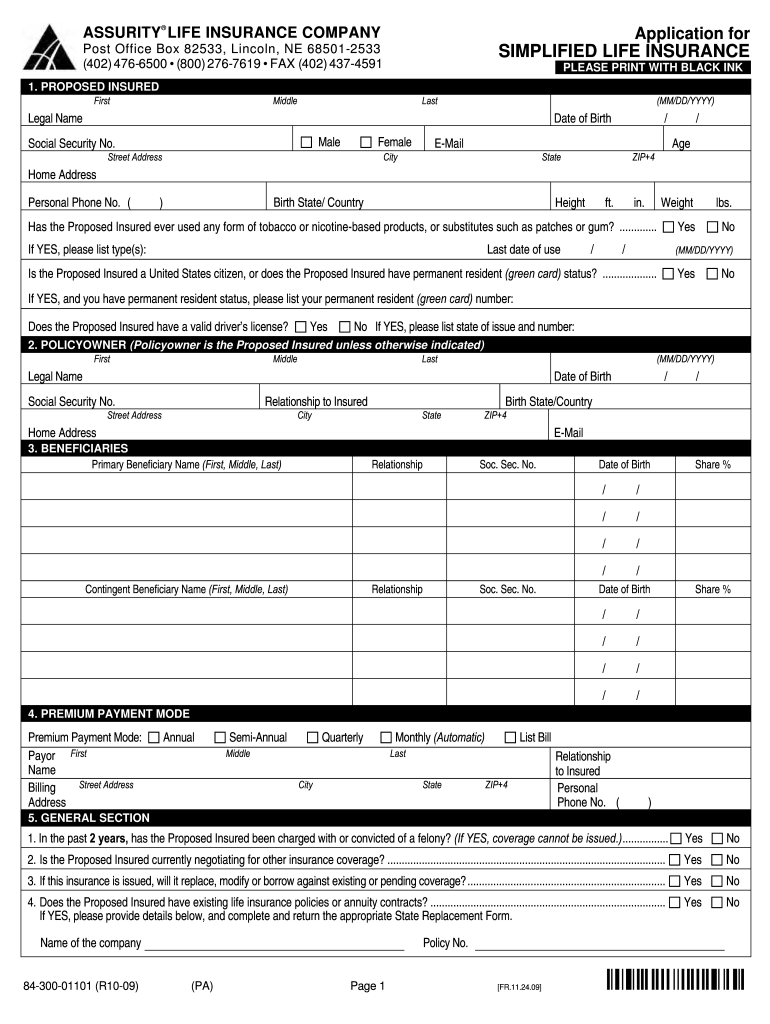  Assurity Simplified Whole Life Application 2009-2024