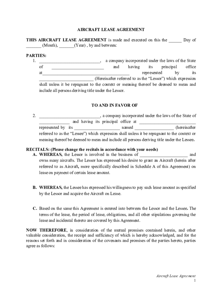 Aircraft Lease Agreement Form