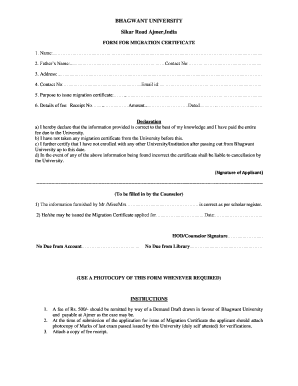 Rajasthan University Migration Certificate  Form