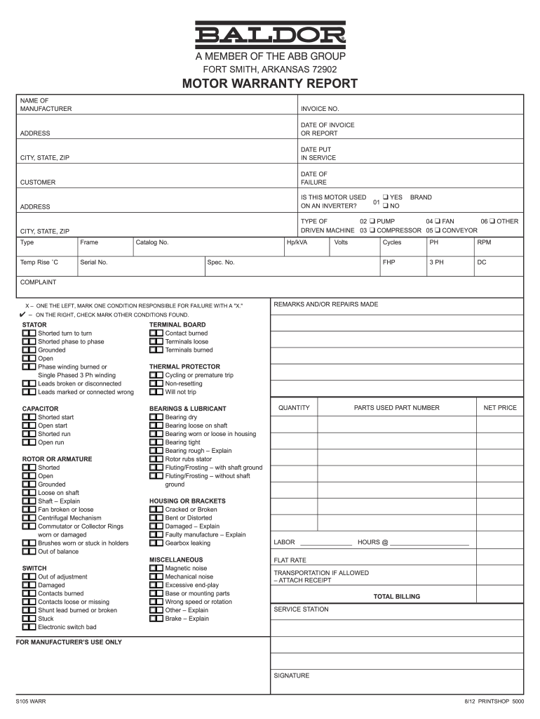  Baldor Warranty Report Form 2012-2024