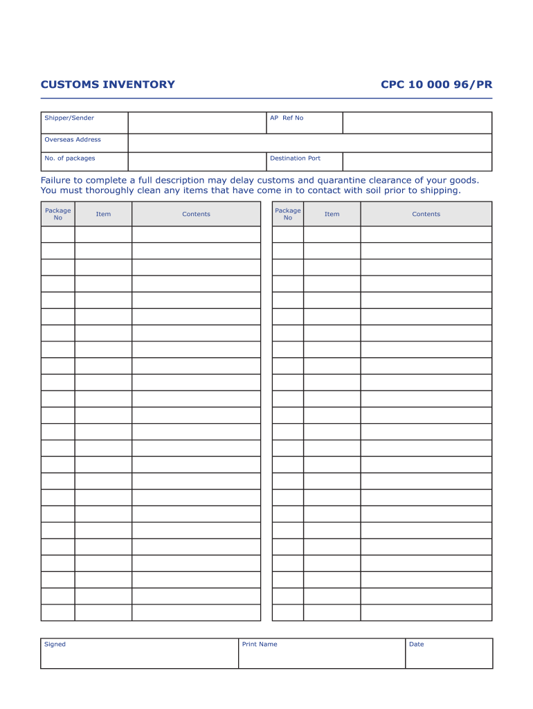 Customs Inventory  Form