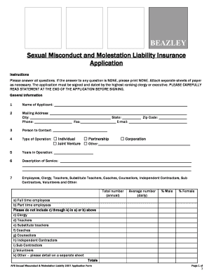 ABUSE &amp; Molestation Liability Application Form DOC General Liability CondominiumHomeowner&#039;s Association Supplement Appl