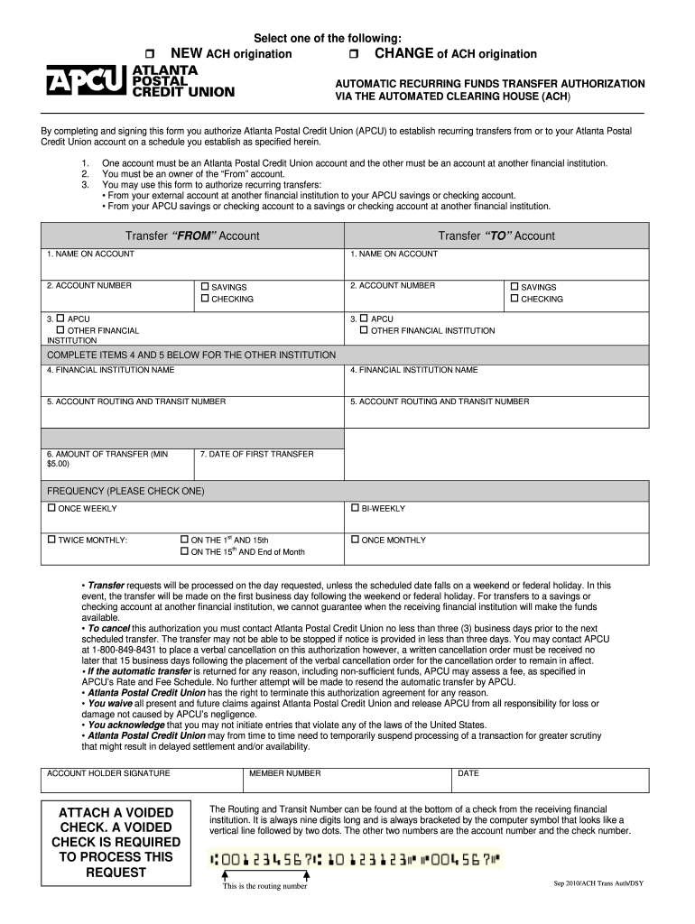  Electronic ACH Form  Atlanta Postal Credit Union 2010