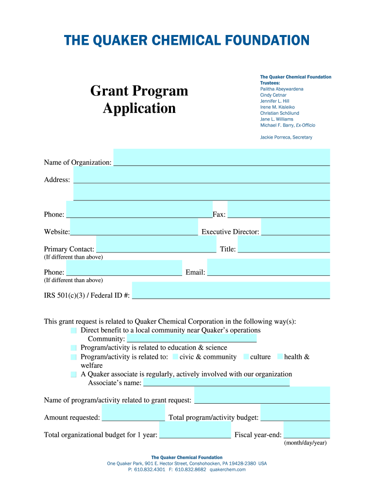 The QUAKER CHEMICAL FOUNDATION Grant Program BApplicationb  Form