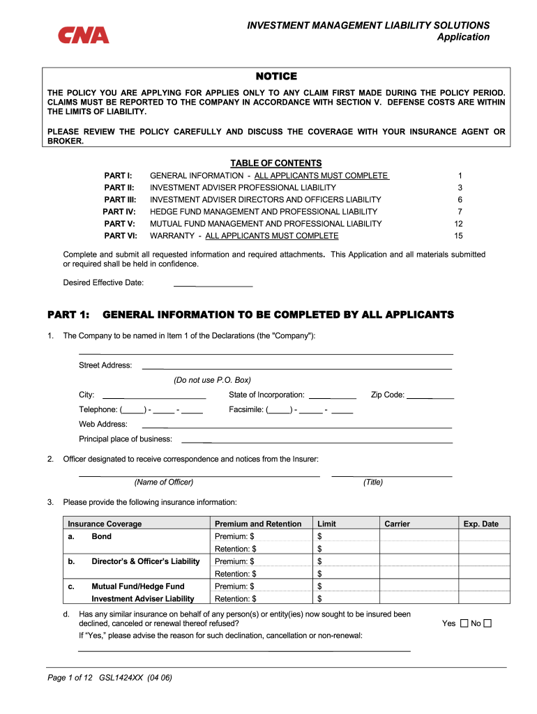  Investment Management Liability Solutions Application CNA Pro 2006-2024