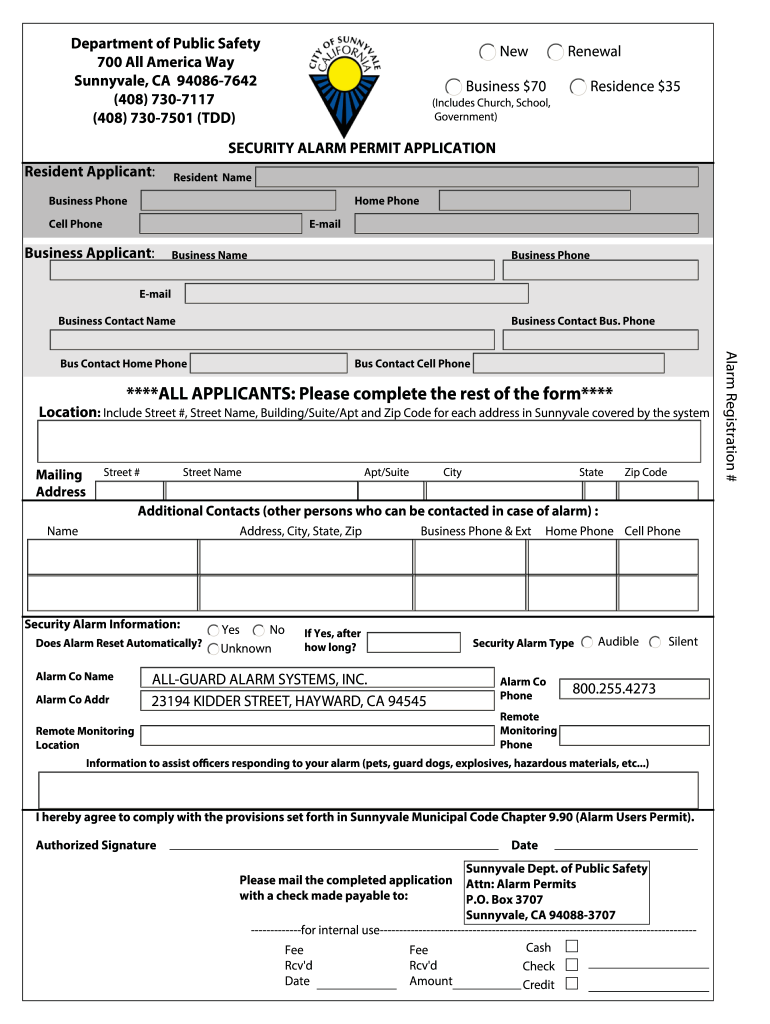 Sunnyvale Alarm Permit  Form