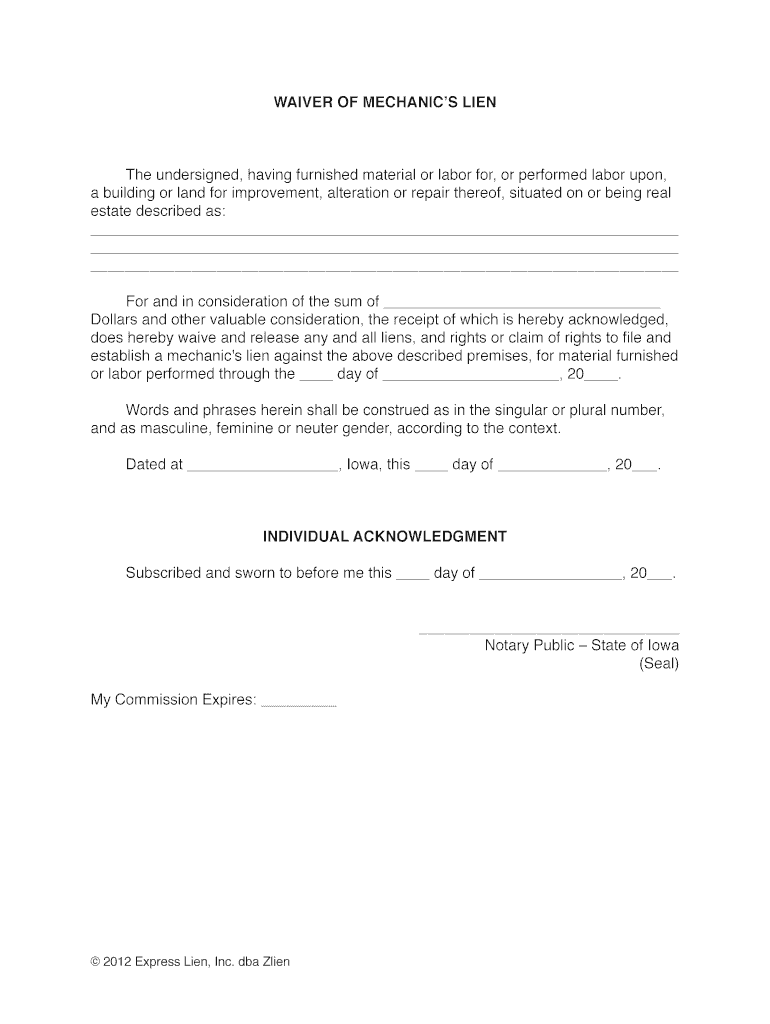 Lien Waiver Form Iowa