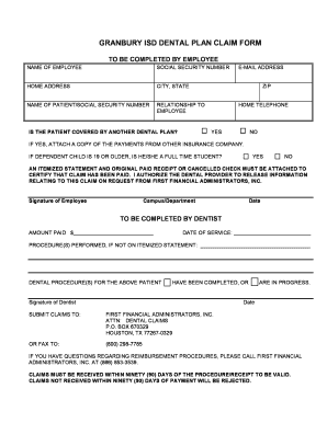 GRANBURY ISD DENTAL PLAN CLAIM FORM