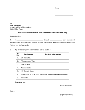  Transfer Certificate in Army Institute of Technology Form 2012-2024