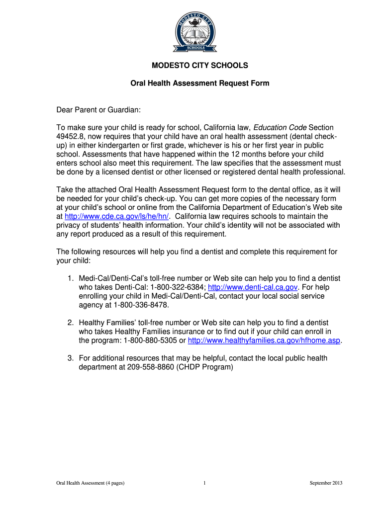  Oral Health Assessment Request Form Modesto City Schools 2013-2024