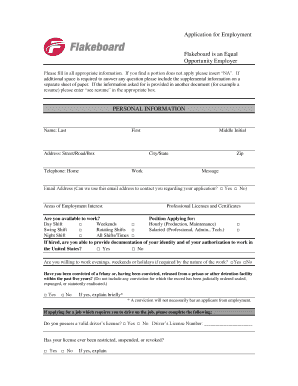 Application for Employment Flakeboard is an Equal Opportunity Jobs Forestry Oregonstate  Form