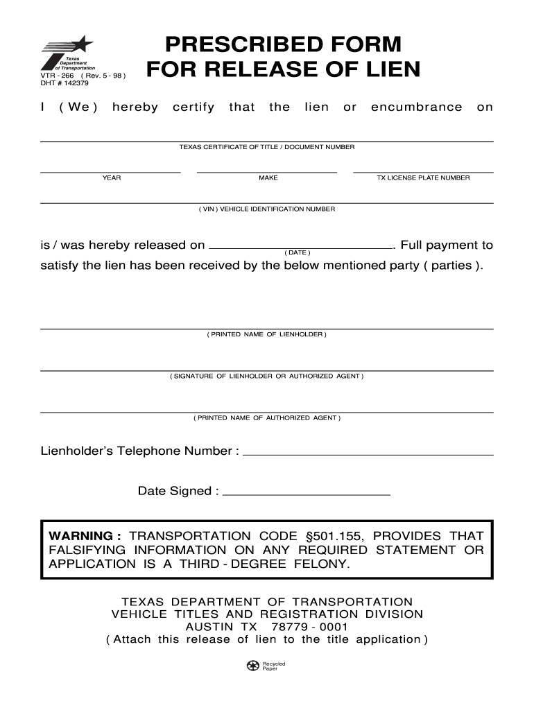  Car Lien Document Form 2016-2024