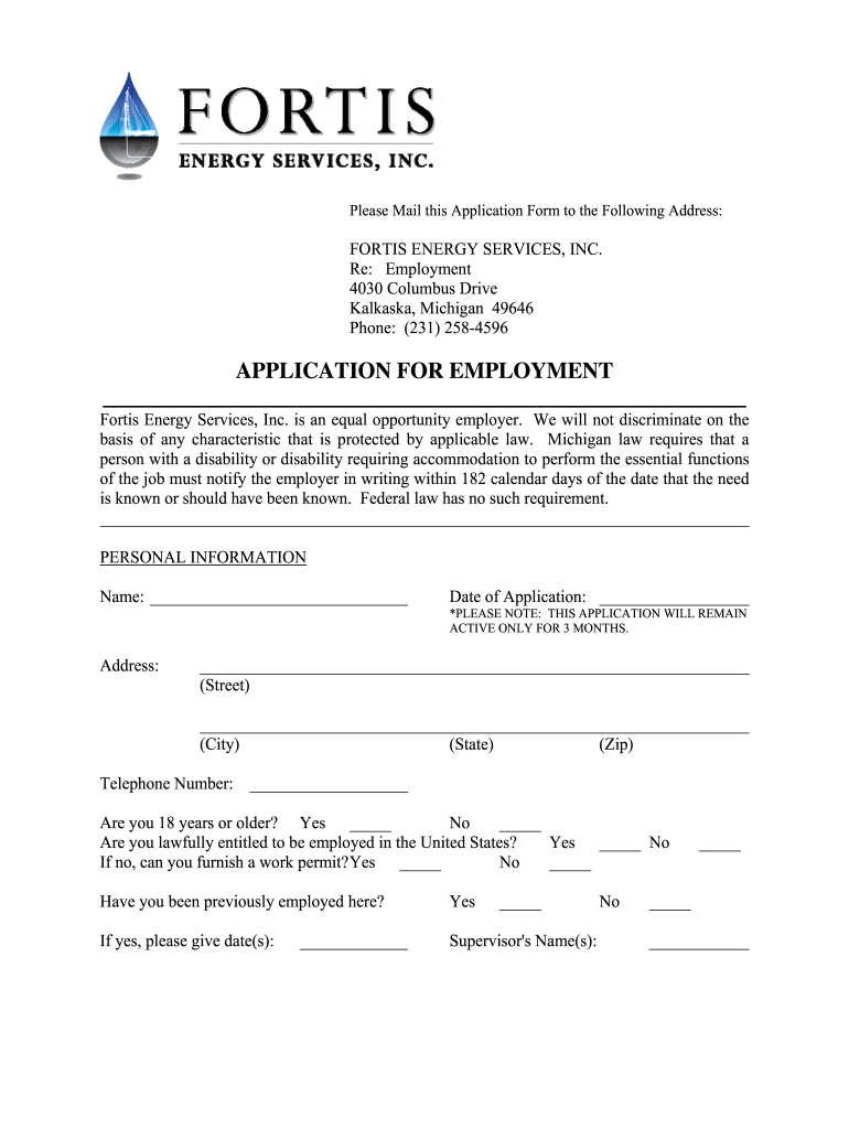 APPLICATION for EMPLOYMENT  Fortis Energy Services, Inc  Form