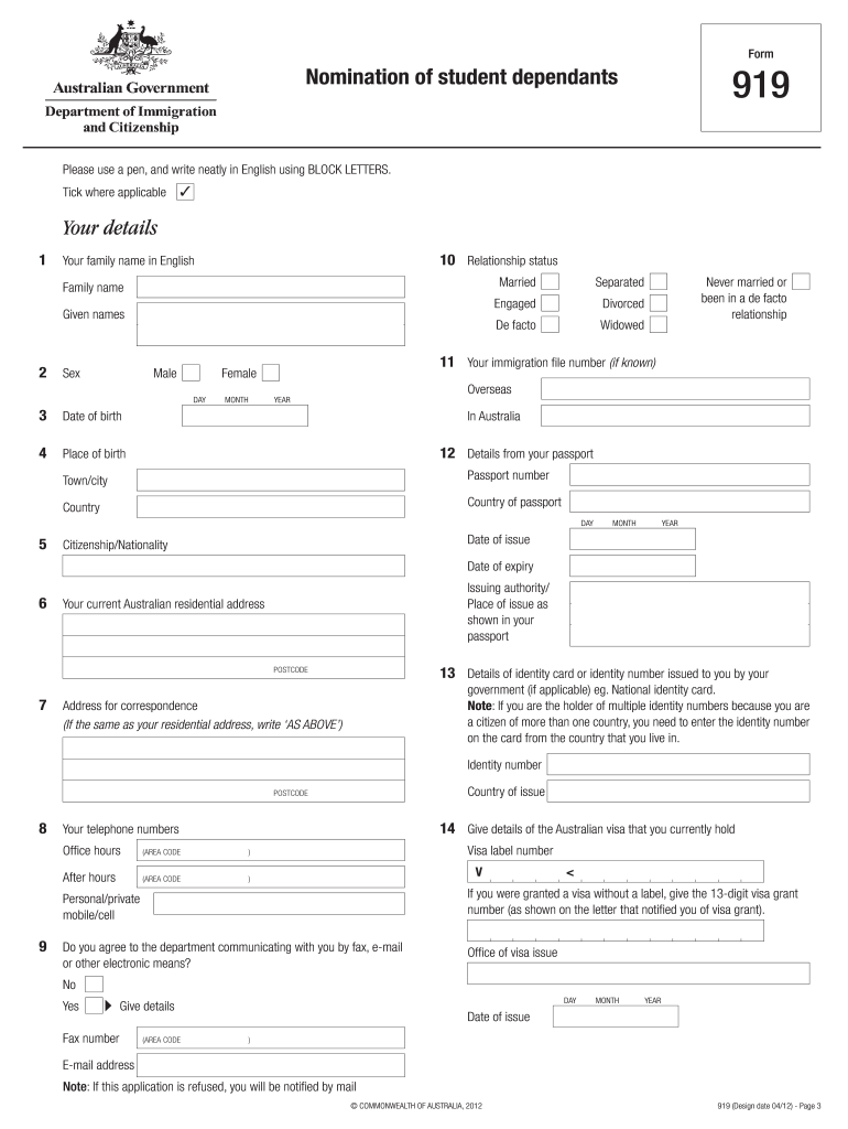 Get and Sign 919 Form Dependent Visa 2012