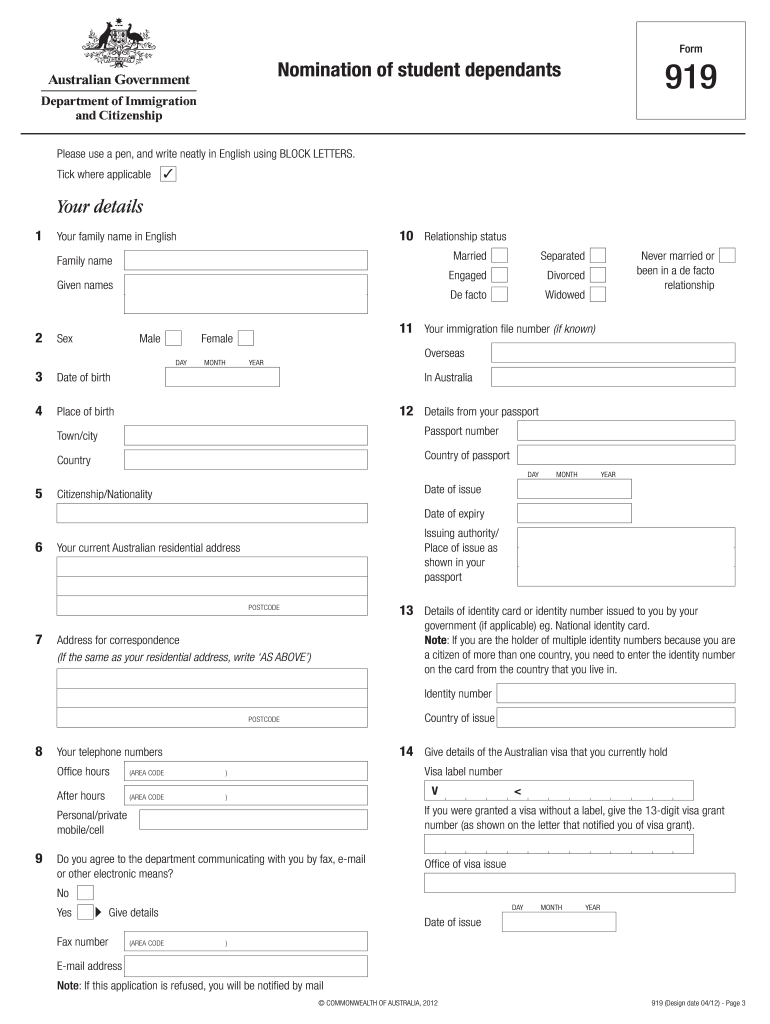  919 Form Dependent Visa 2012