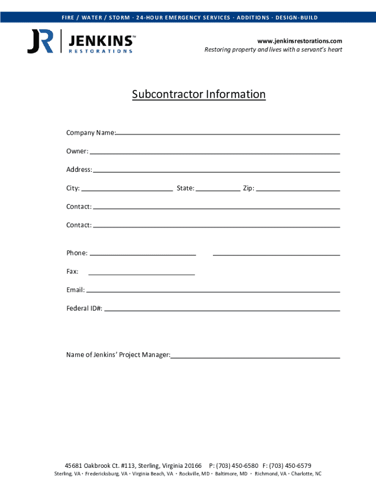 Jenkins Restorations Subcontractor Packet Form