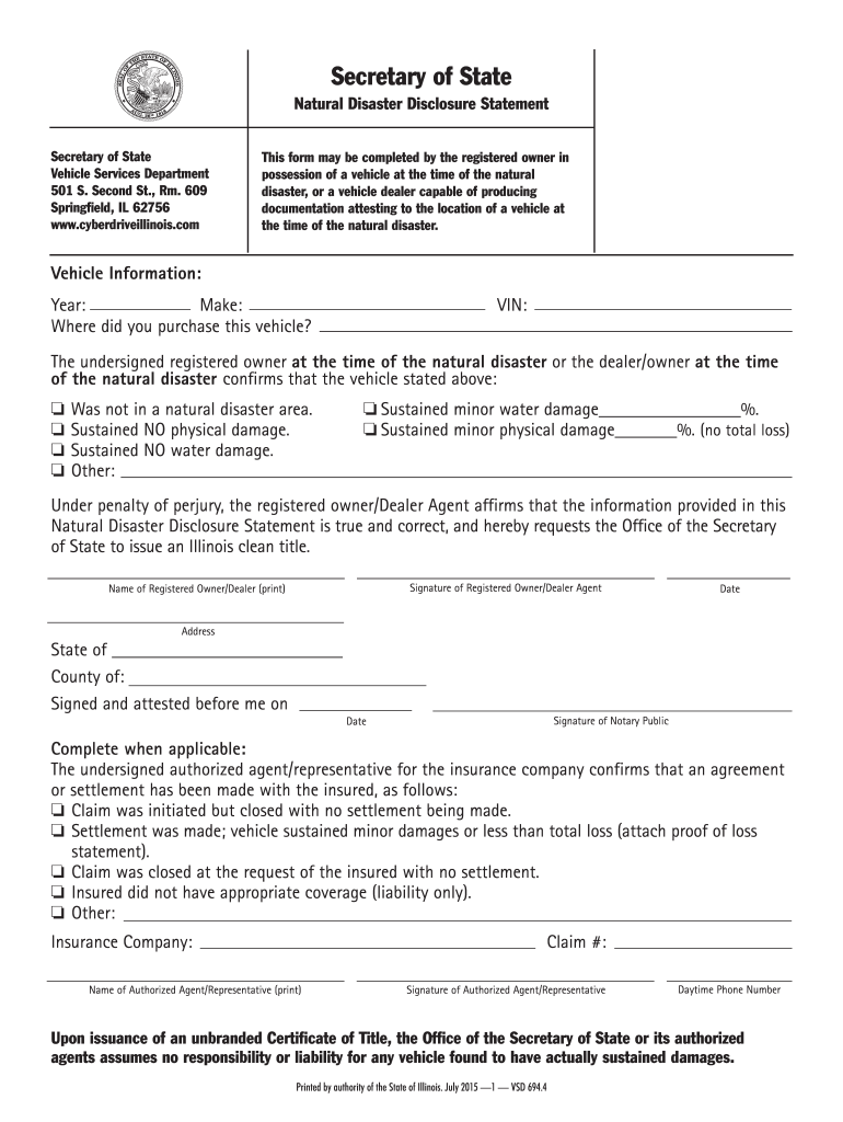  Il Secretary of State Natural Disaster Disclosure Statement  Form 2015